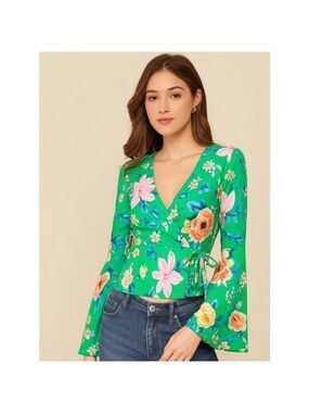 Miley Molly Floral Wrap Top Green Bell Sleeve Size M (16”-17” PTP)